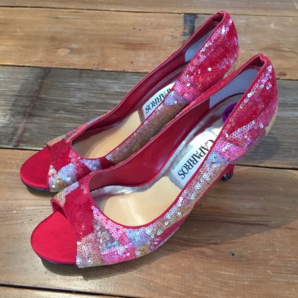 Caparros Red Sequin Open Toe Heels Size 8.5